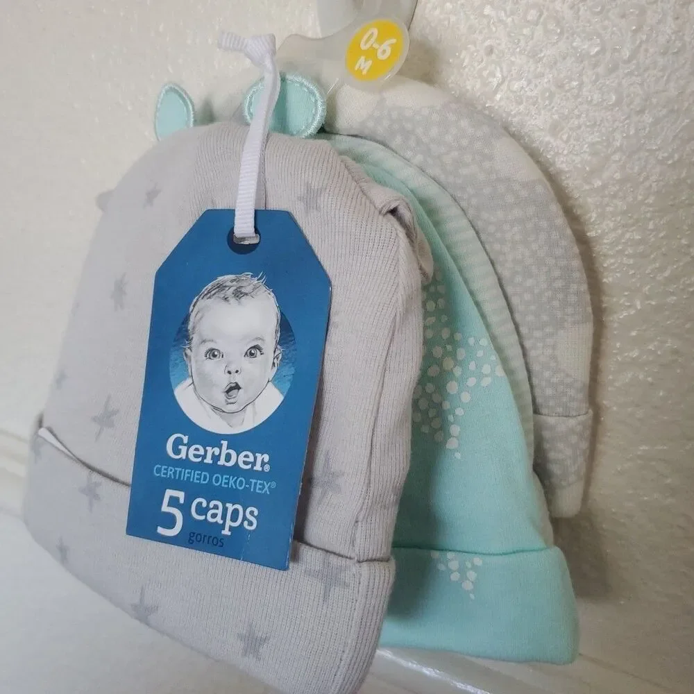 Gerber Baby 5 Caps Set size 0-6 Months - Choose Your Style Oeko Tex Stars Clouds